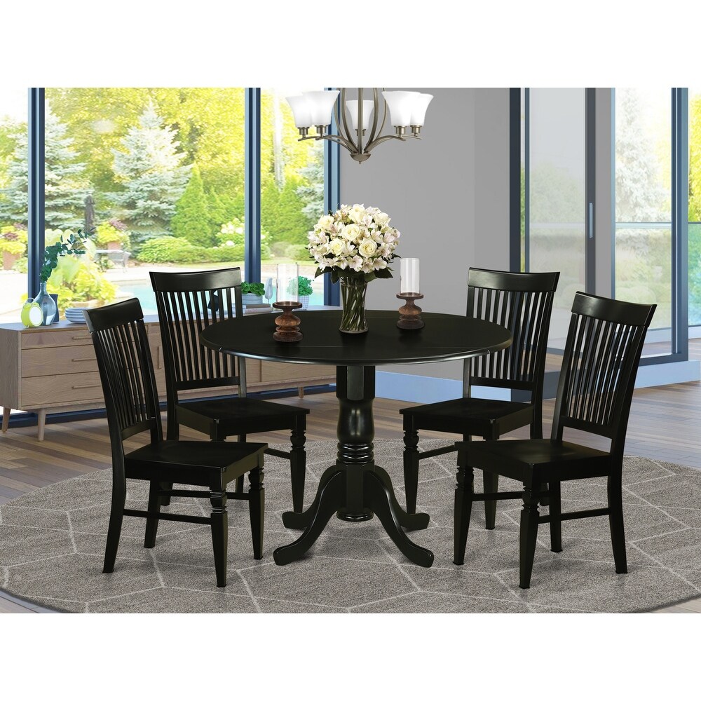 East West Furniture 5 Piece Dinette Set  a Round Dining Table with Dropleaf and 4 Dining Room Chairs  (Finish Options)