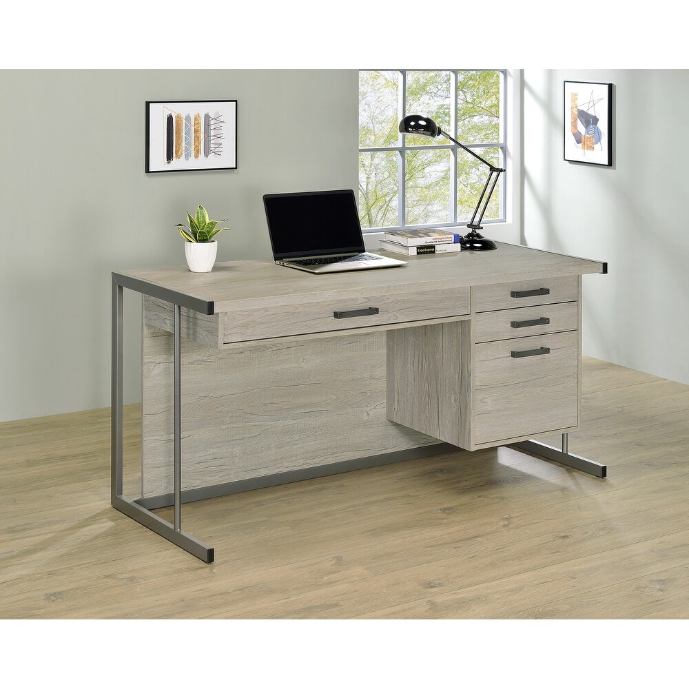 Brisley Whitewashed Grey and Gunmetal Sled Base Office Desk