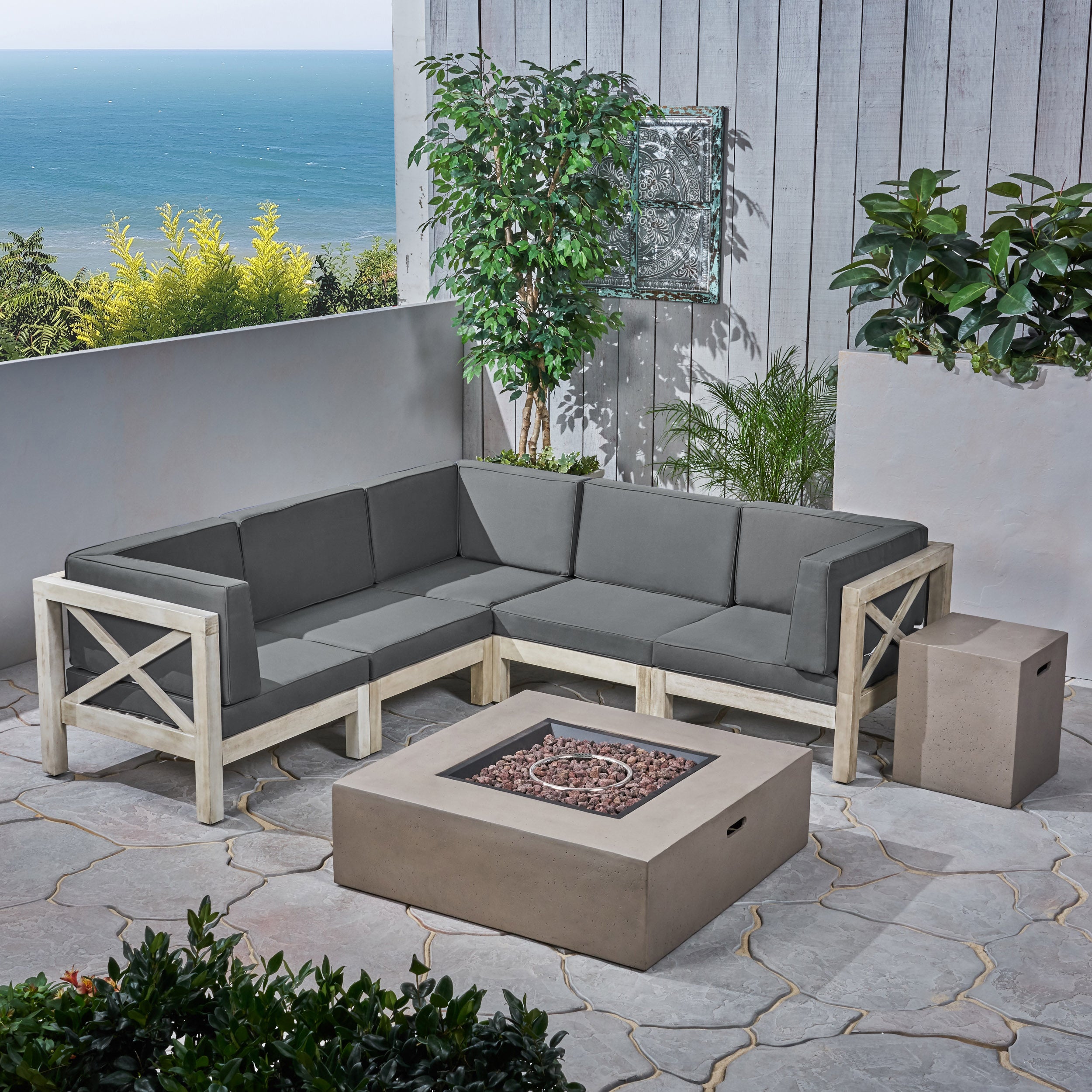 Cynthia Outdoor Acacia Wood 5 Seater Sectional Sofa Set with Fire Pit