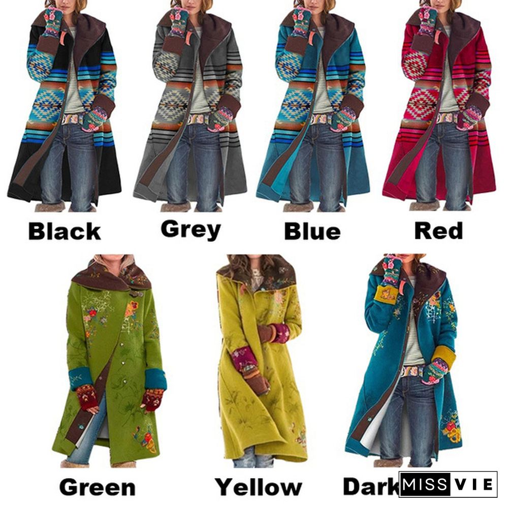 Autumn and Winter Vintage Printed Long Sleeve Coat Loose Windbreaker Coat Geometrical Striped Printing Hooded Jacket Long Cardigan Outerwear