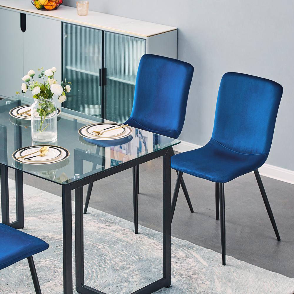 Homy Casa Slip Scargill Blue 5-Pcs Dining Set with Glass Top Black Leg Table and Velvet Upholstered Chairs SLIP GLASS BLACK LEG +SCARGILL BLUE