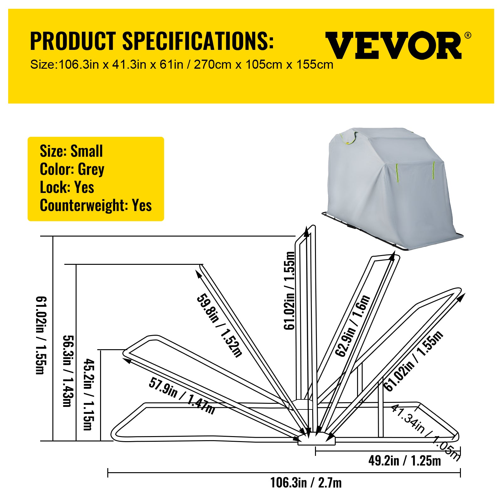 VEVOR Motorcycle Shelter， Waterproof Cover， Heavy Duty， 420D Oxford Motorbike Shed Anti-UV， 106.3