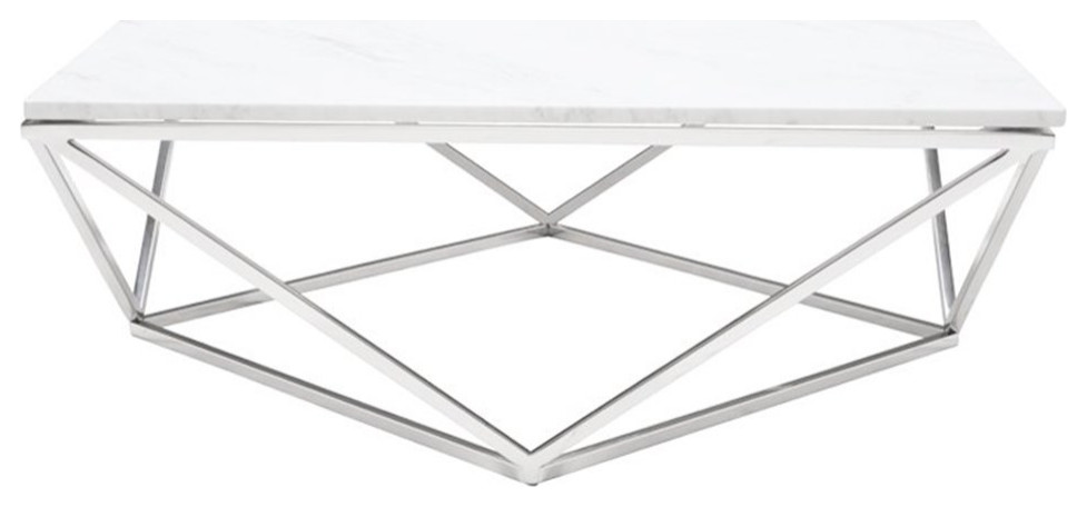 Nuevo Jasmine Square Marble Top Coffee Table in Silver and White   Transitional   Coffee Tables   by Homesquare  Houzz