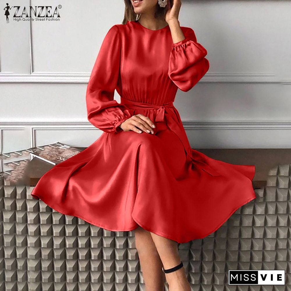 ZANZEA Women Ladies Puff Sleeve Elegant Dress Satin Oversize Holiday Crew Neck Plain Party Dress