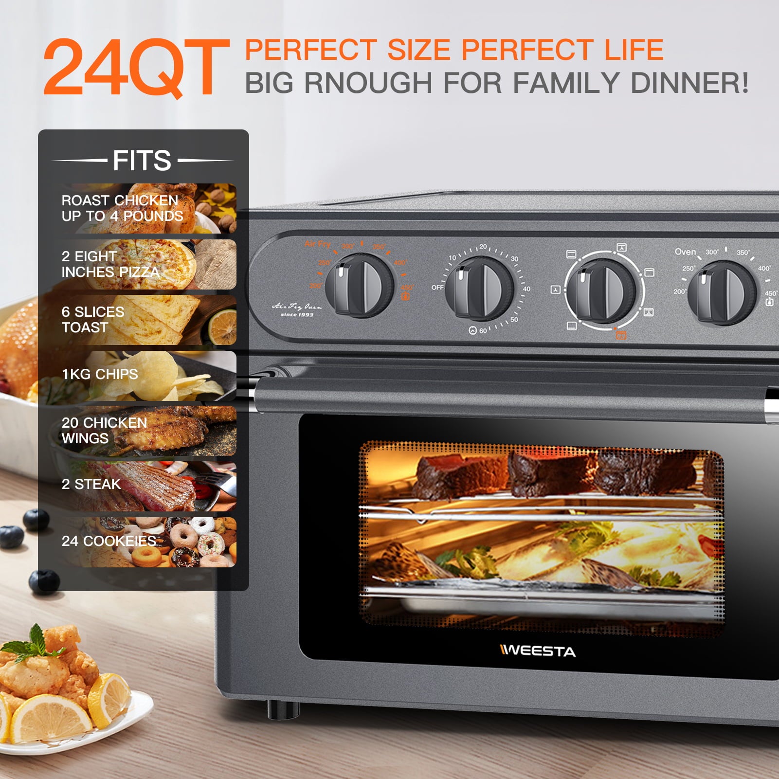 24 Quart Air Fryer, 7-in-1 Large Air Fryer Oven Toaster Combo w/ 60 Minute Timer , Convection Oven Countertop, 7 Presets w/ Accessories, UL Certified, Nonstick, Accessories Included, 1500W, Gray