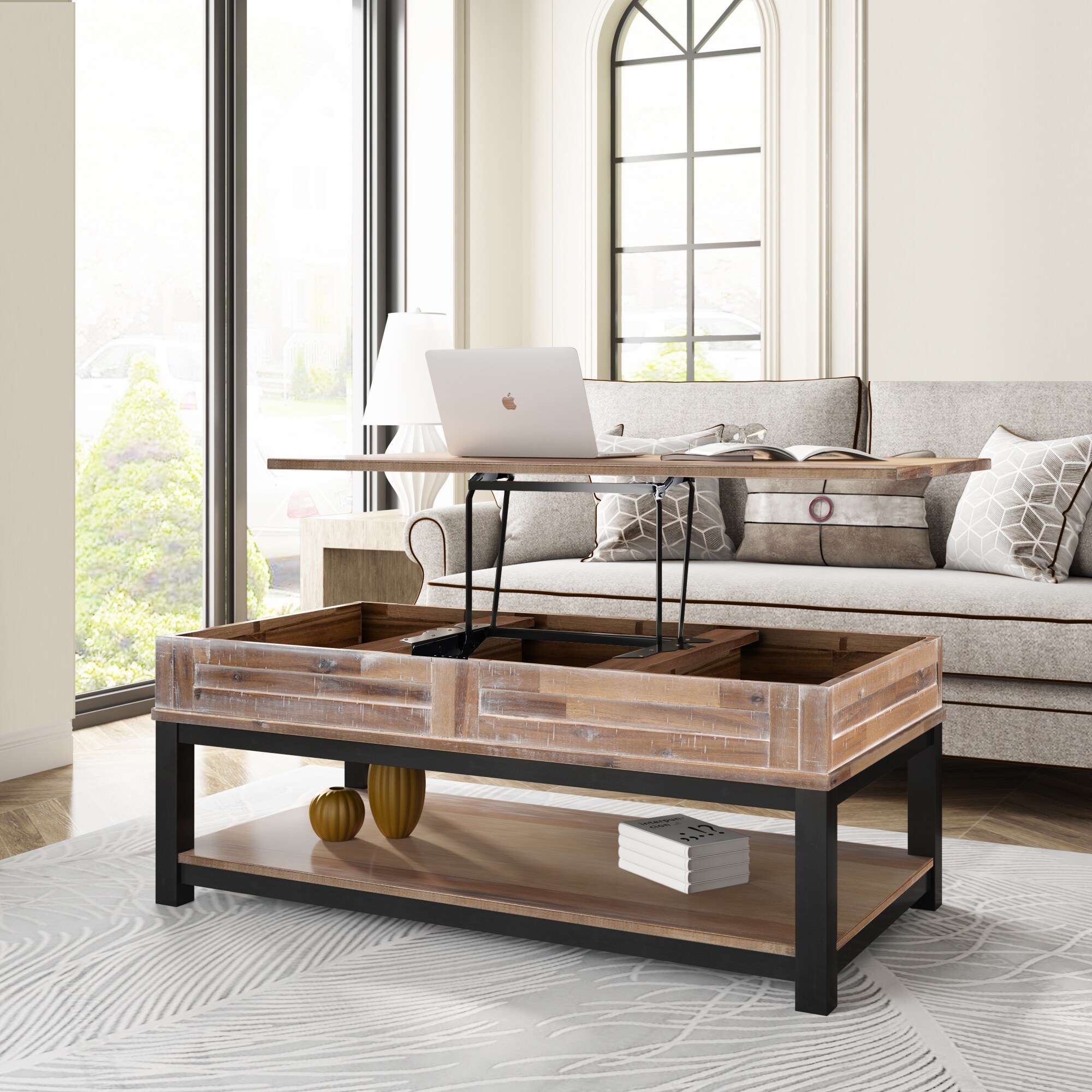 Wooden Lift Top Coffee Table with Inner Storage Space and Shelf