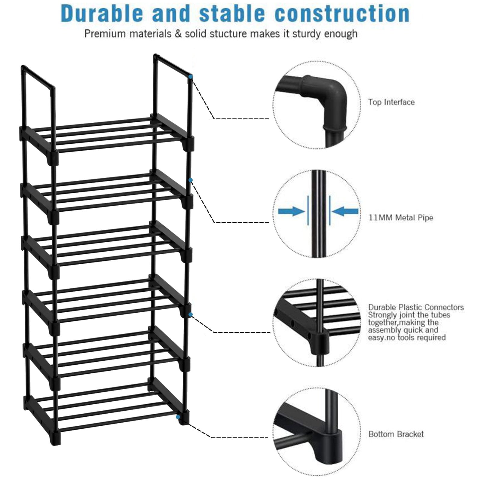 BIGLUFU Shoe Rack， Metal Shoe Organizer with 1 Rows 6 Tiers Metal Shoe Storage 12-16 Pairs Vertical Shoe Shelf for Entryway， Closet， Garage， Bedroom，Cloakroom（Black ）