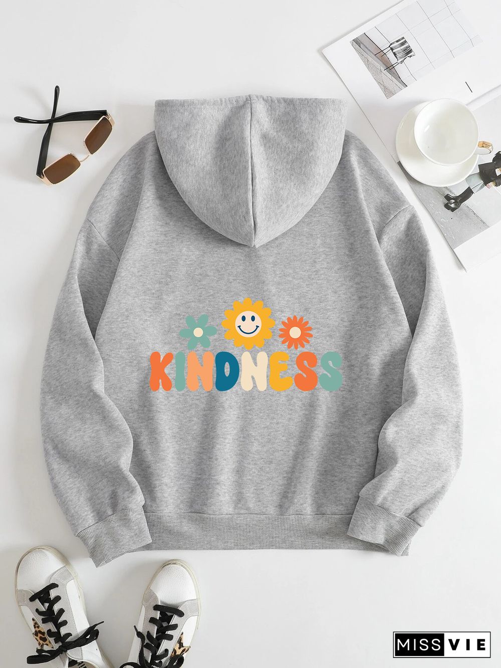 Printed on the Back Kangaroo Pocket Hoodie Long Sleeve for Women Pattern kindness