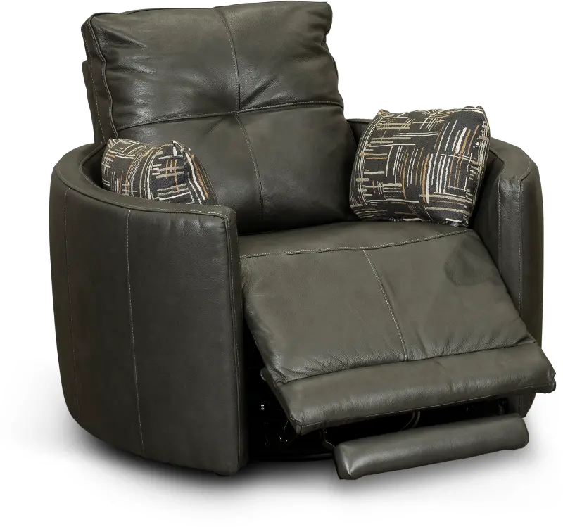 Waterloo Charcoal Gray Leather Curved Power Swivel Recliner