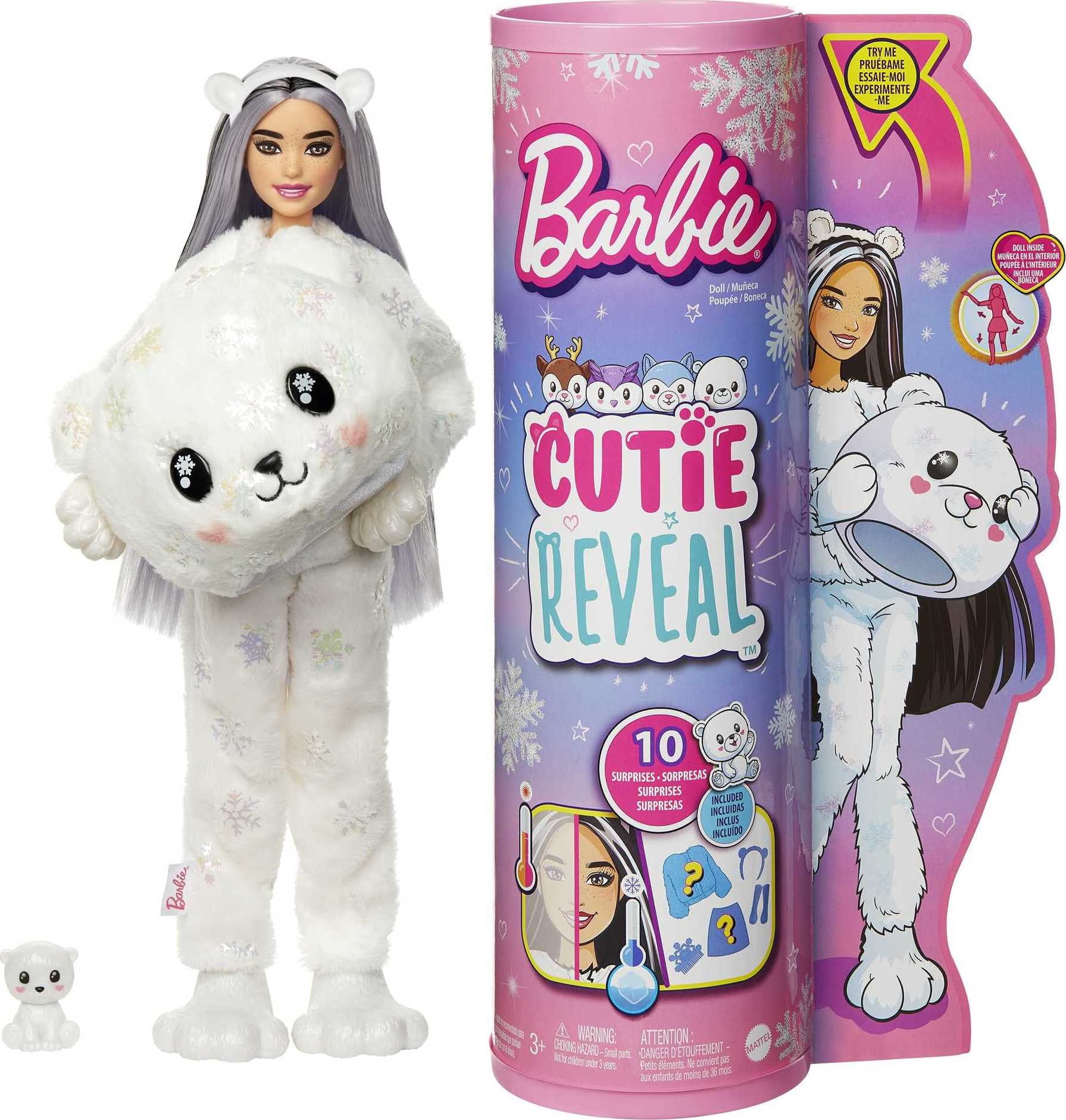 Barbie Cutie Reveal Snowflake Sparkle Fashion Doll, Polar Bear Plush Costume, Mini Pet & Accessories