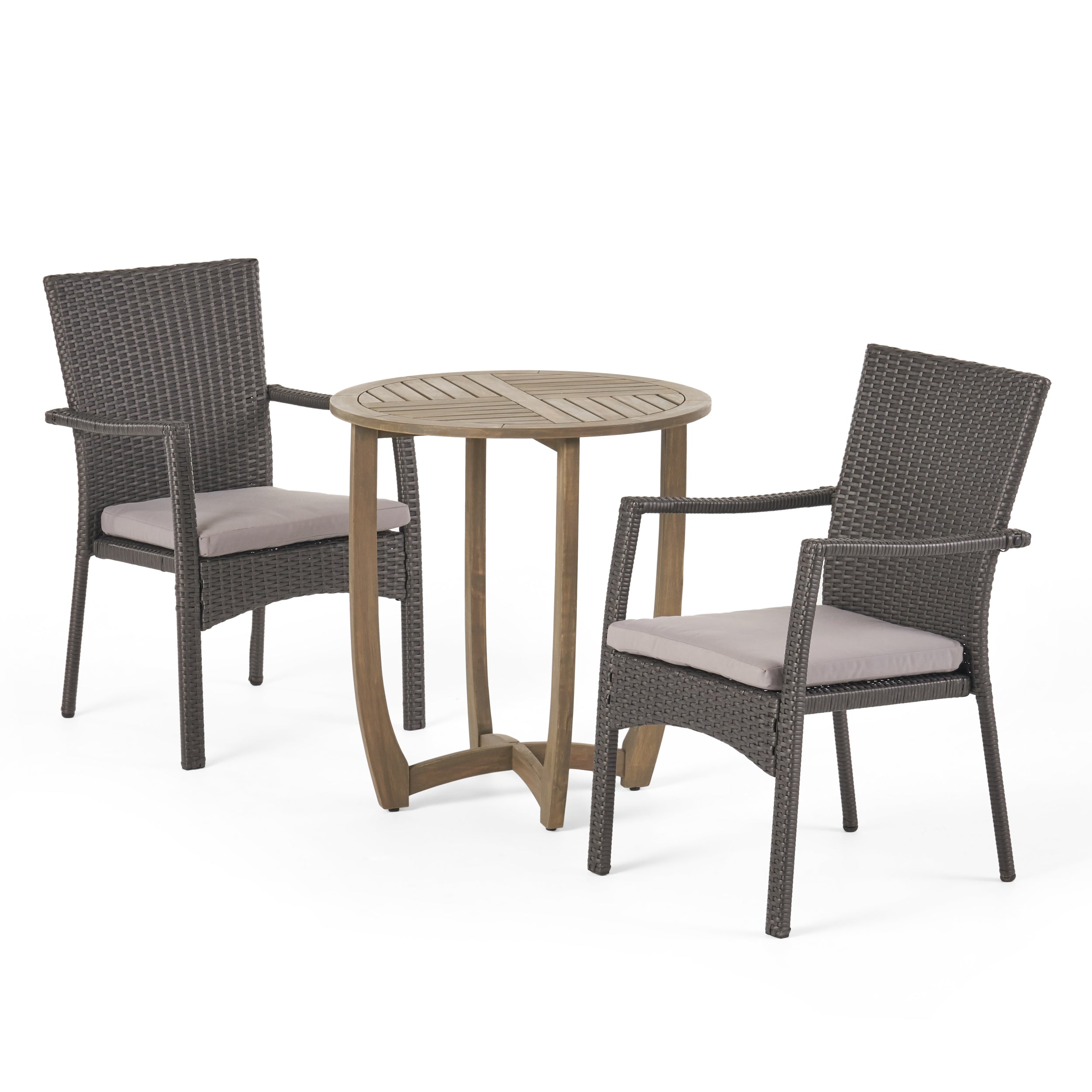 Leyam Outdoor 3 Piece Wood and Wicker Bistro Set, Gray and Gray