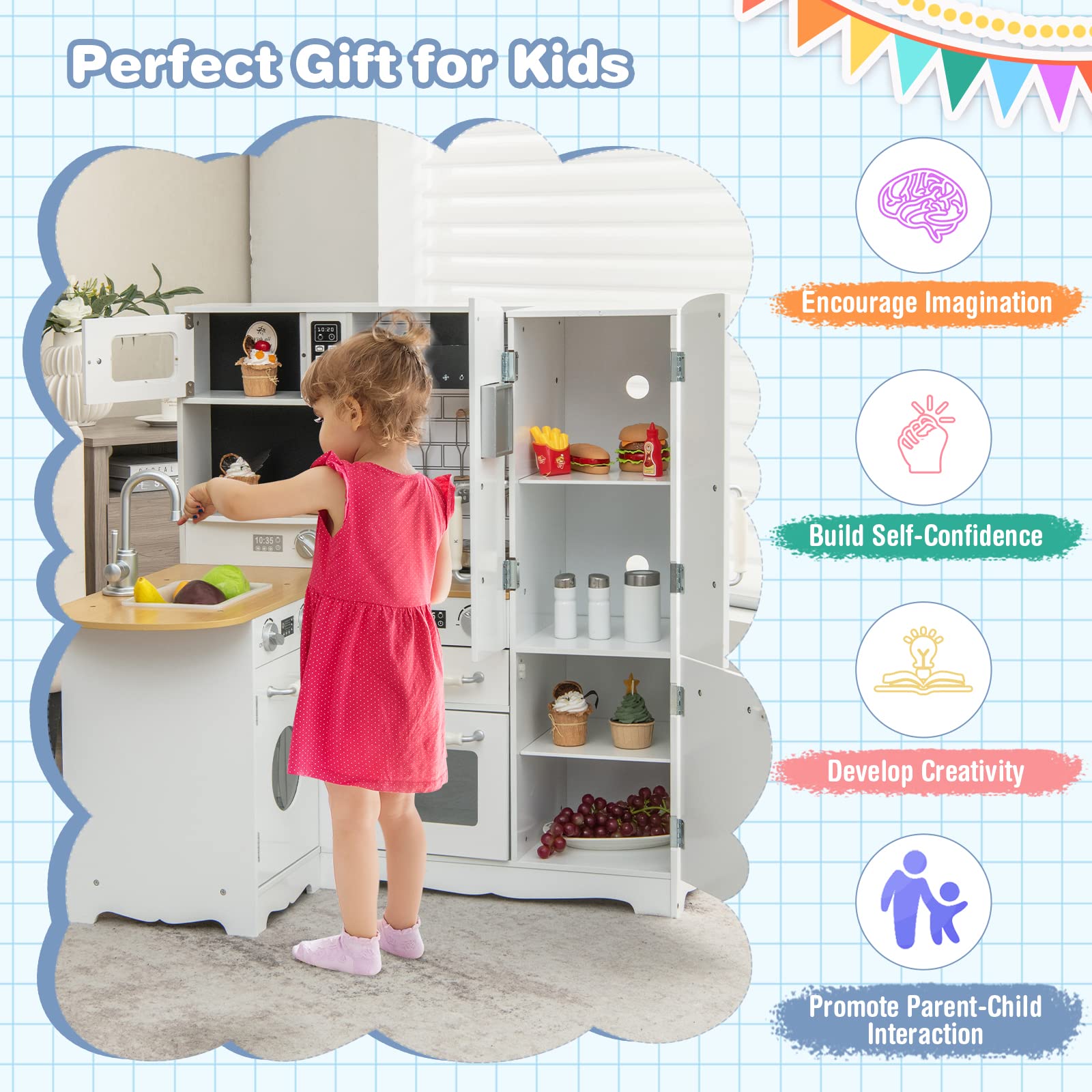 Costzon Kids Corner Kitchen Playset, 11-in-1 Wooden Play Kitchen Toy Set