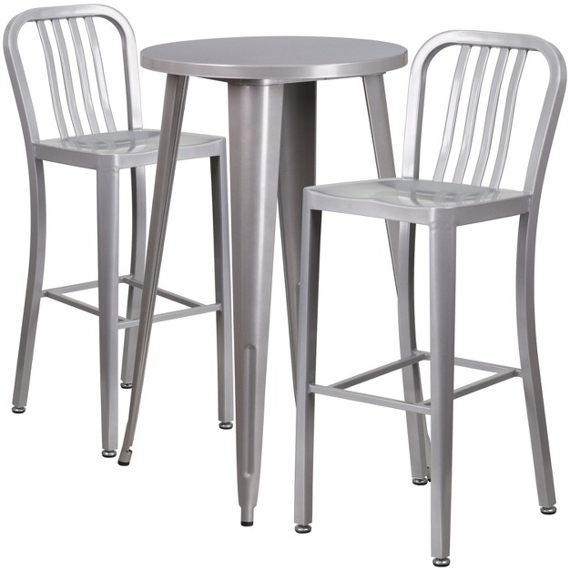 Round Table And Slatted Back Bar Stools With Footrests