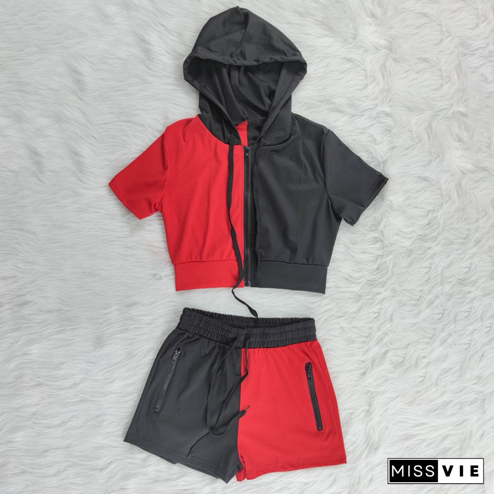 Short Sleeve Hooded Crop Top+Biker Shorts Sets