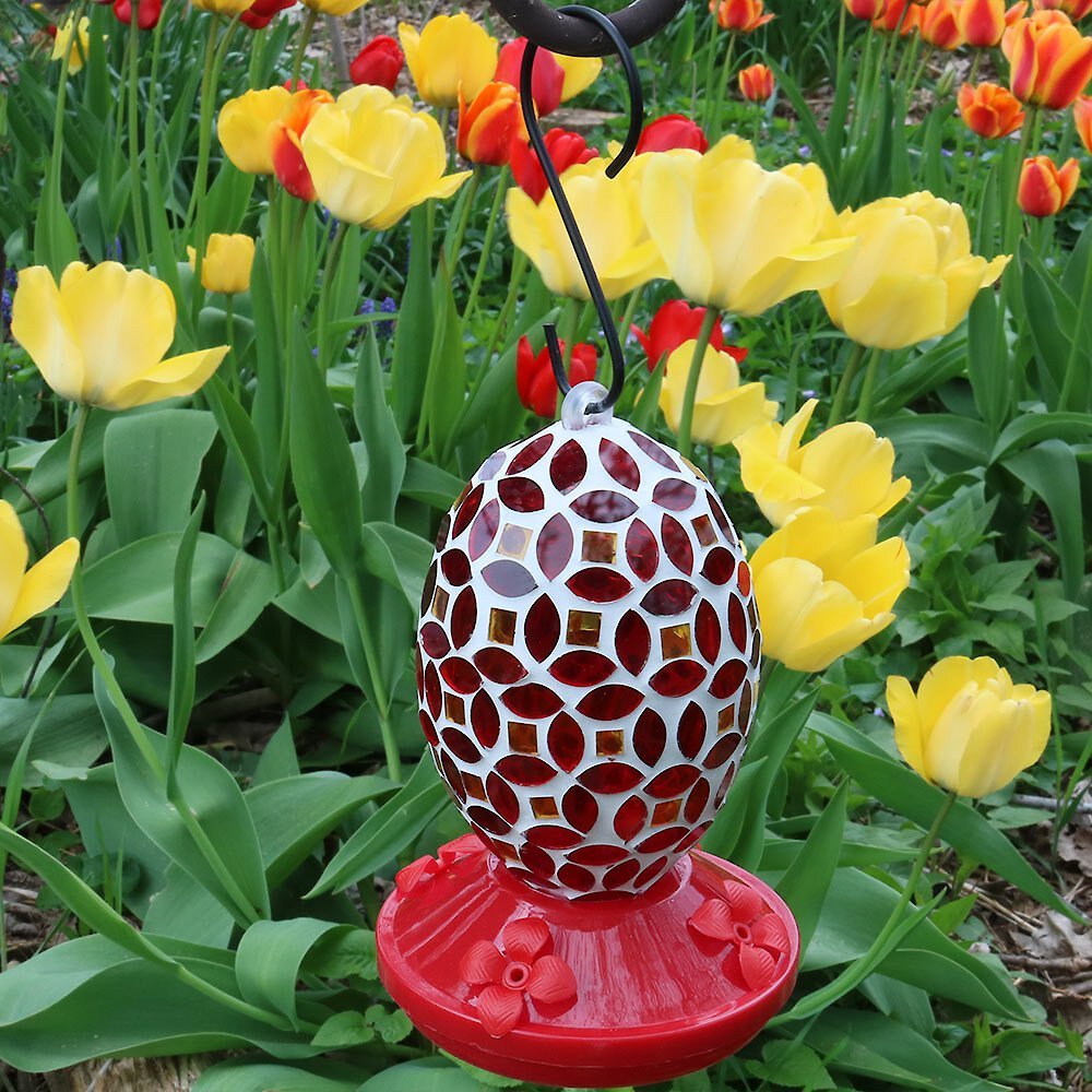 Sunnydaze Decor Red Mosaic Glass Flower Hummingbird Feeder