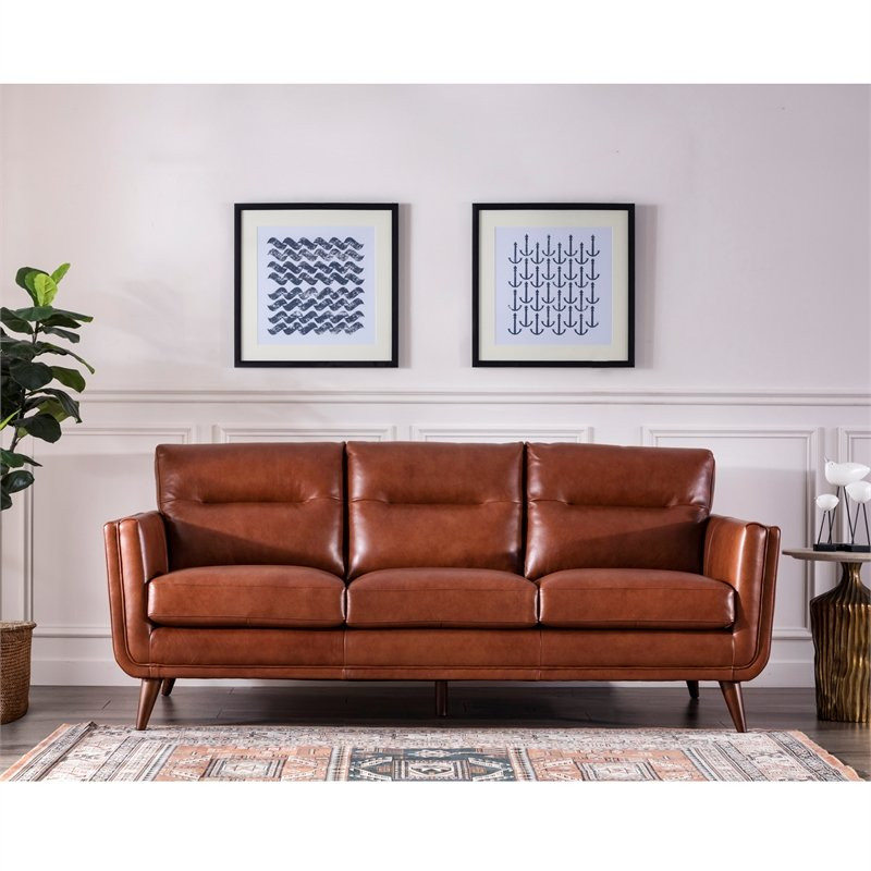 Bowery Hill 19.5 quotMid Century Leather Upholstered Sofa in Cobblestone Brown   Midcentury   Sofas   by Homesquare  Houzz