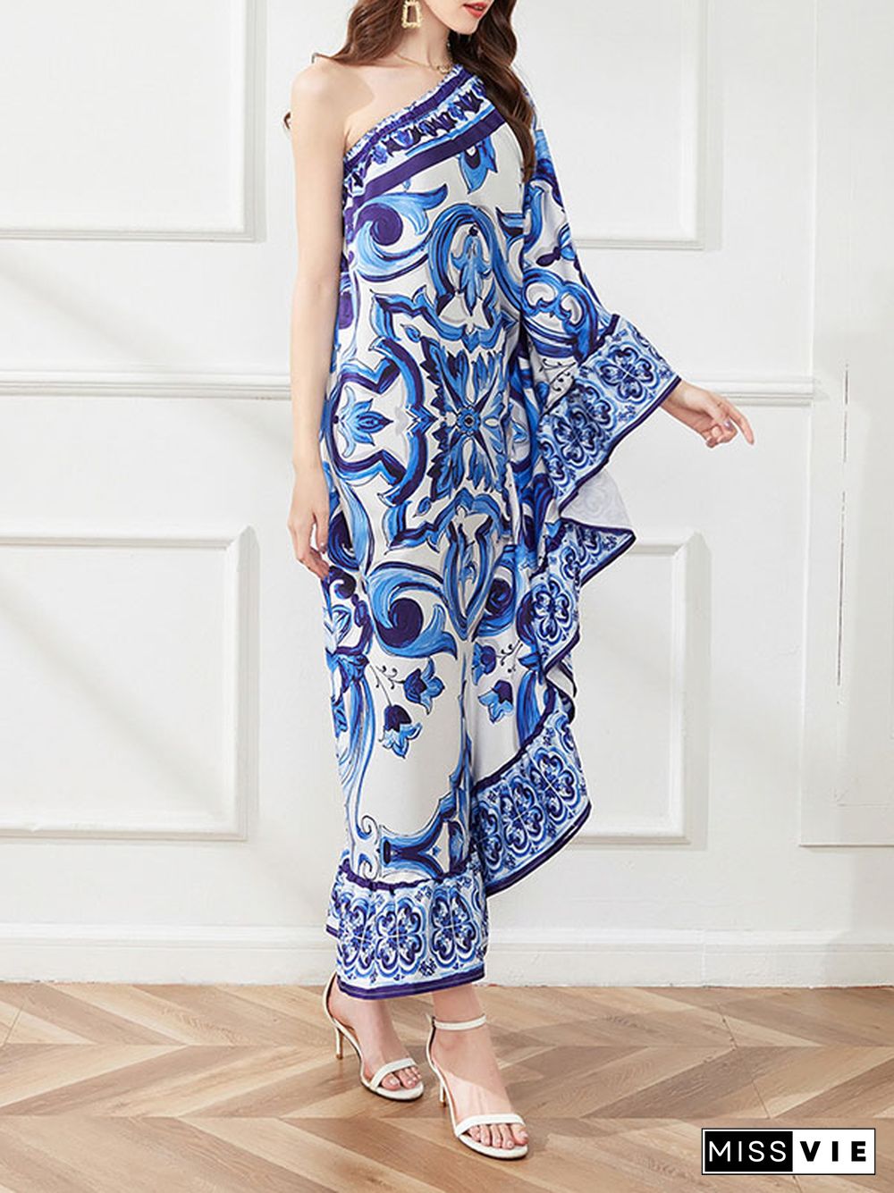 Batwing Sleeves Loose Asymmetric Falbala Floral Printed One-shoulder Midi Dresses