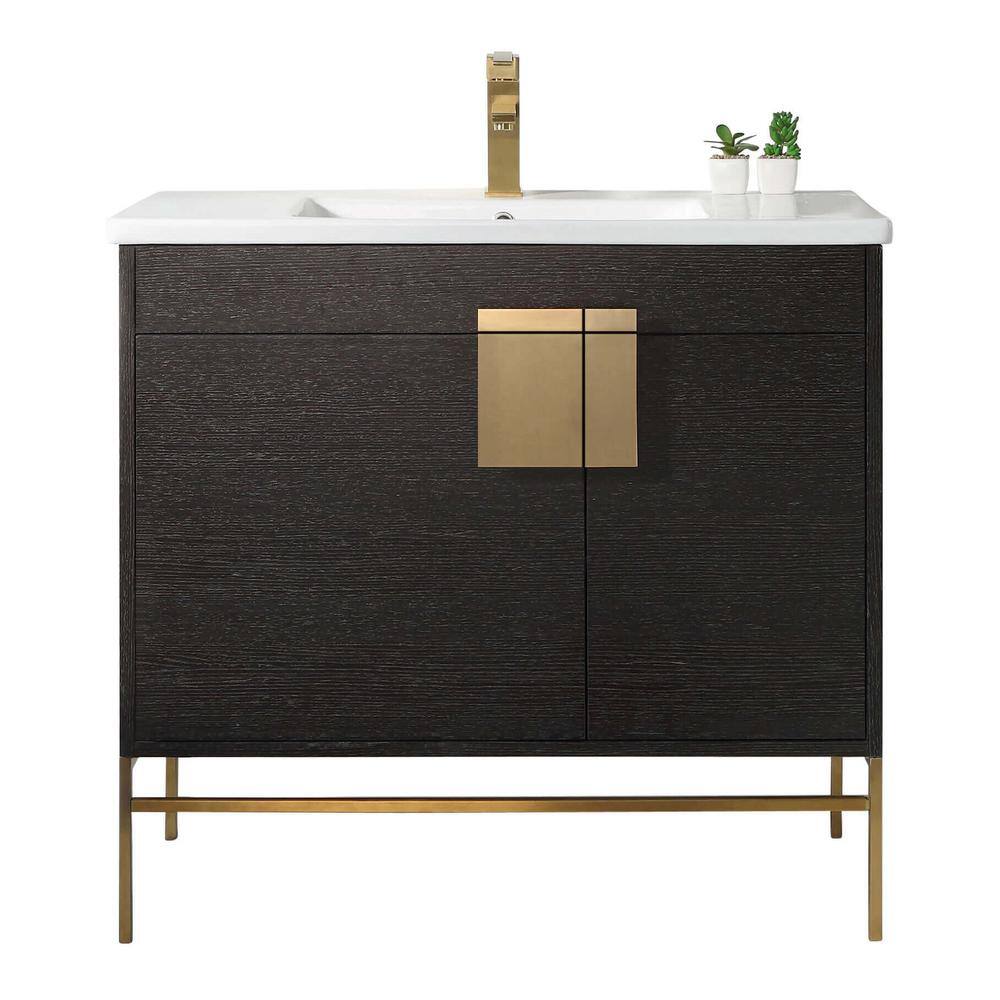 FINE FIXTURES Shawbridge 36 in. W x 18.11 in. D x 33.5 in. H Bath Vanity in Black Oak Straight Grain with White Ceramic Vanity Top SH36BL-SHHA1SB