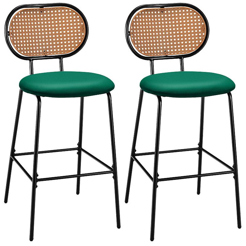 29.5 Inch Modern Faux Leather Bar Stools with Imitation Rattan Woven Backrest