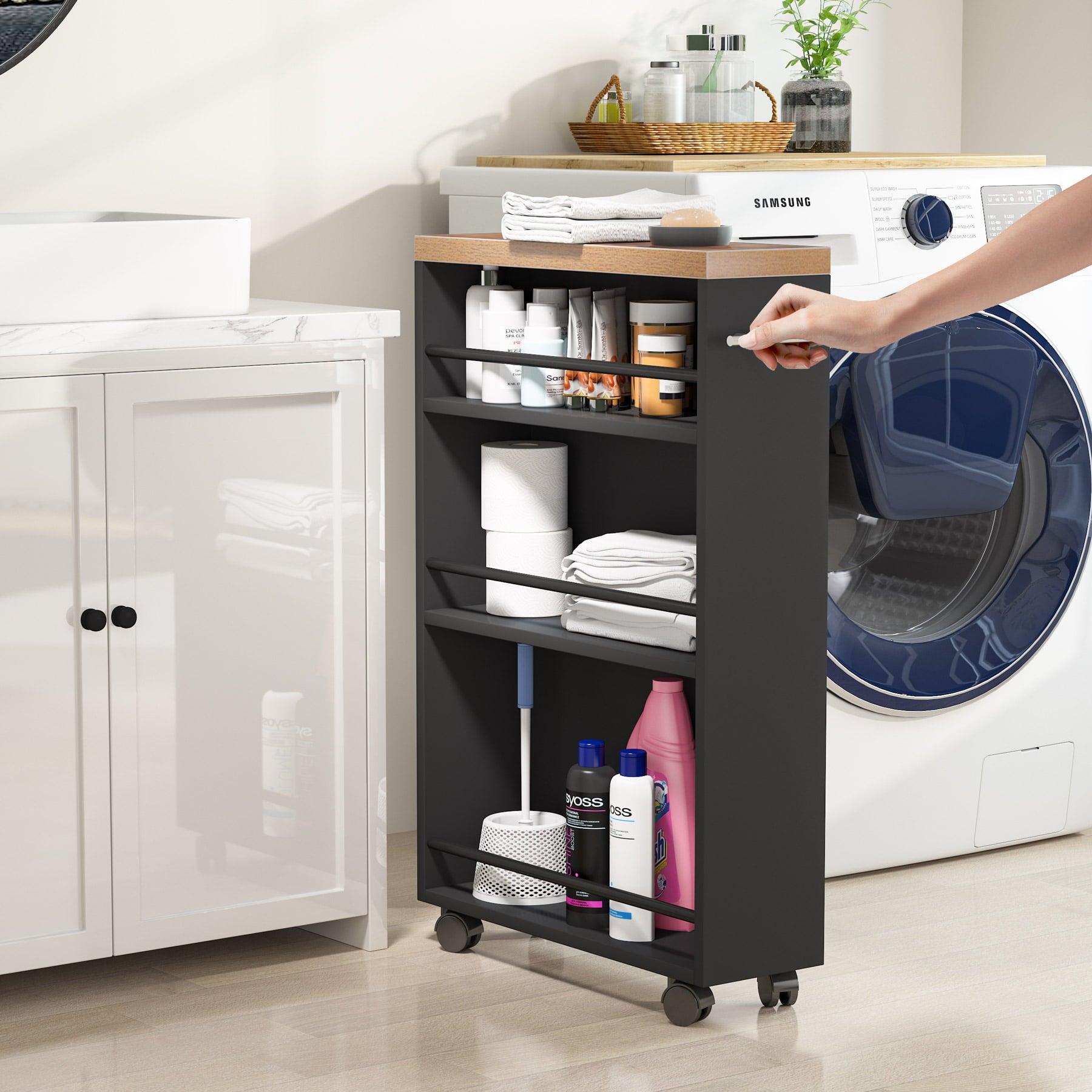 Slim Storage Cart， Rolling Narrow Kitchen Cart on Wheels for Small Place