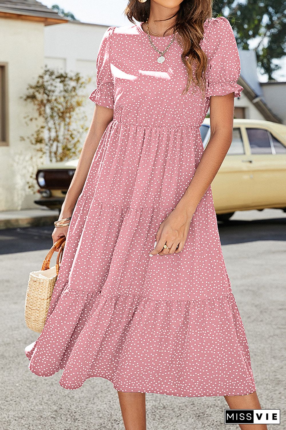 Polkadot Print Puff Sleeve Long Dress Wholesale