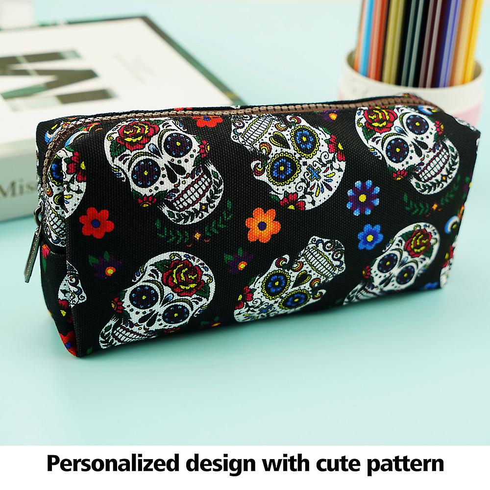 Lparkin Sugar Skull Pencil Case Super Large Capacity Canvas Pen Bag Pouch Stationary Case