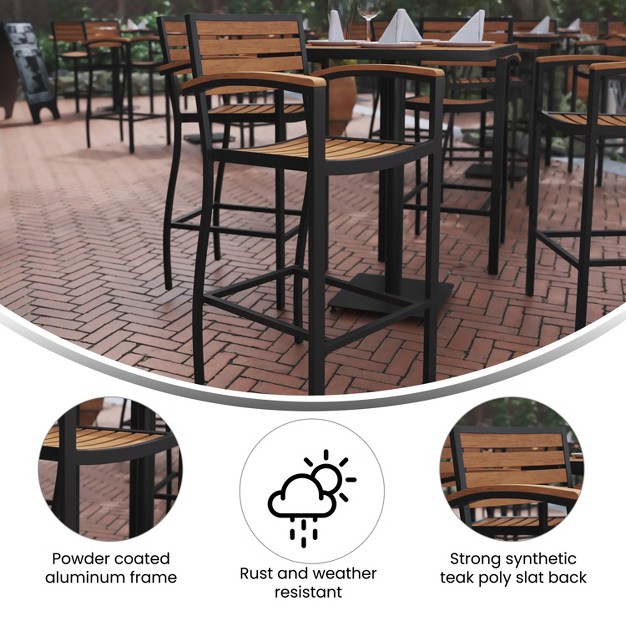 Emma And Oliver All weather Bar Height Dining Stool With Armrests Polyresin Slats And Aluminum Frame