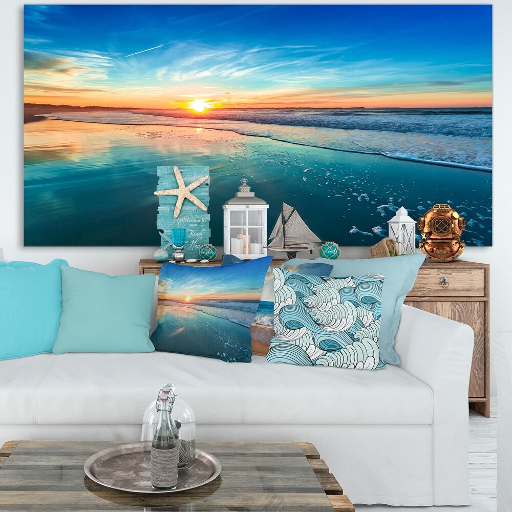 Blue Seashore with Distant Sunset   Seashore Canvas Wall Art