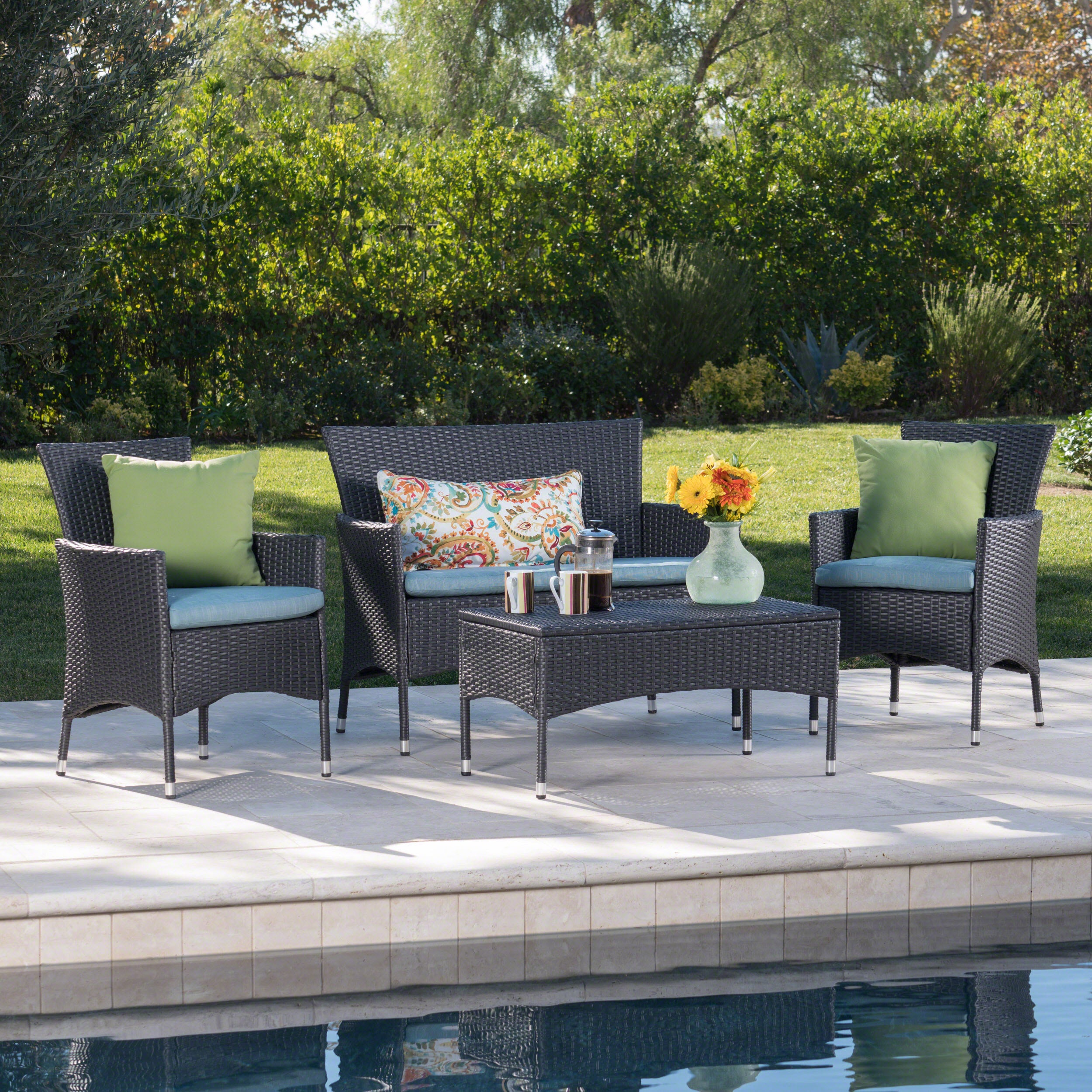 Mina Outdoor 4 Piece Wicker Chat Set with Water Resistant Cushions