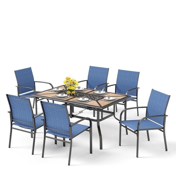 MAISON ARTS Patio Dining Set 7Piece Metal Woodlook Geometric Rectangle Table and 6 Textilene Chairs