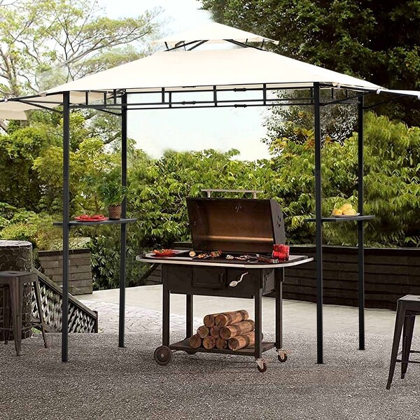 12Ft Lx4.3Ft W Steel Double Tiered Backyard Patio BBQ Grill Gazebo with Bar Counters， Beige