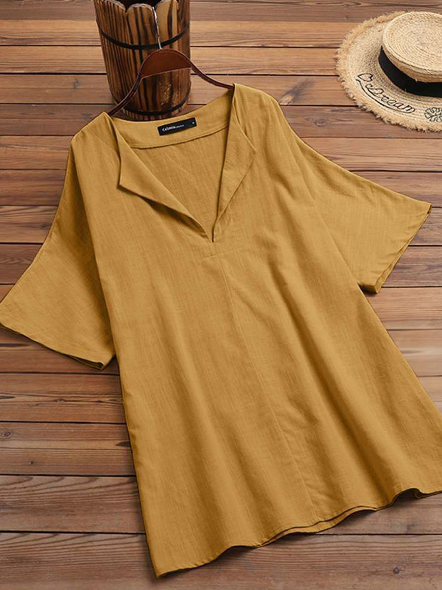 V-neck Casual Loose Solid Color Cotton And Linen Blouse