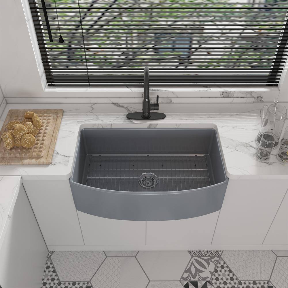 CASAINC 33 in. Farmhouse Apron Single Bowl Matte Gray Fireclay Curved Design Kitchen Sink with Bottom Grid and Strainer CA-SN3321-G