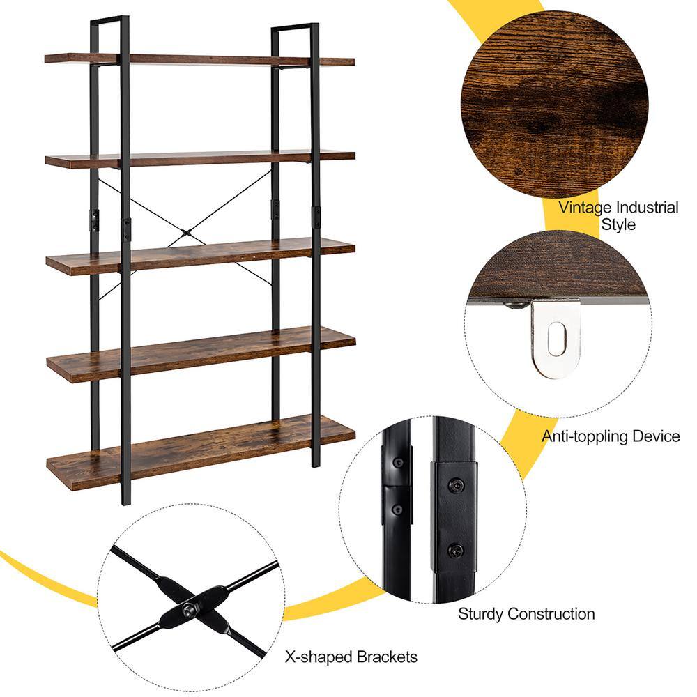 Costway 70 in. Brown Wood 5 -Shelf Standard Bookcase with Anti-tip Device HW65815CF