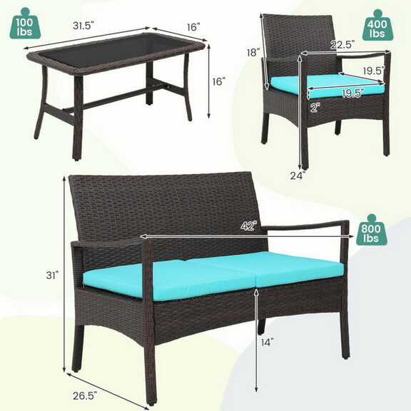 Costway 4 Pieces Rattan Conversation Set with Temp...