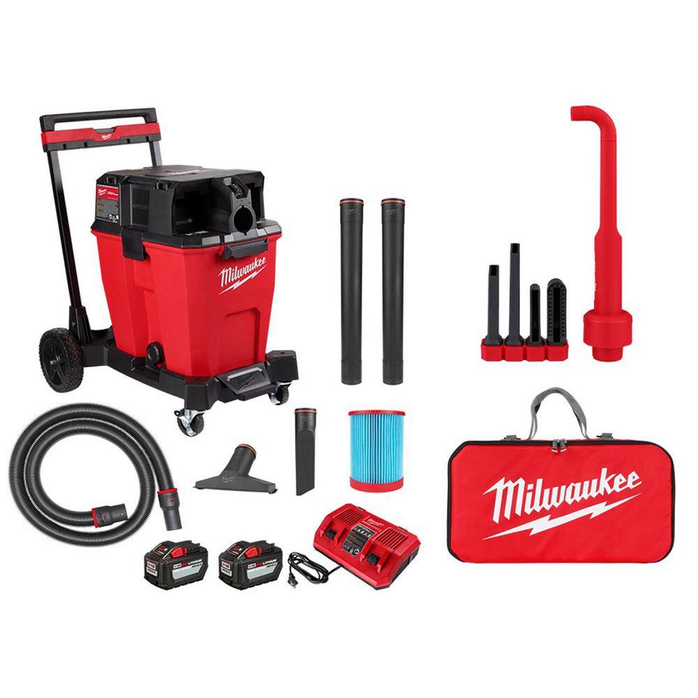 MW M18 FUEL 12 Gal Cordless Dual-Battery WetDry Shop Vac Kit with AIR-TIP 1-14 in. - 2-12 in. Right Angle Tool and Bag 0930-22HD-49-90-2026-49-90-2019