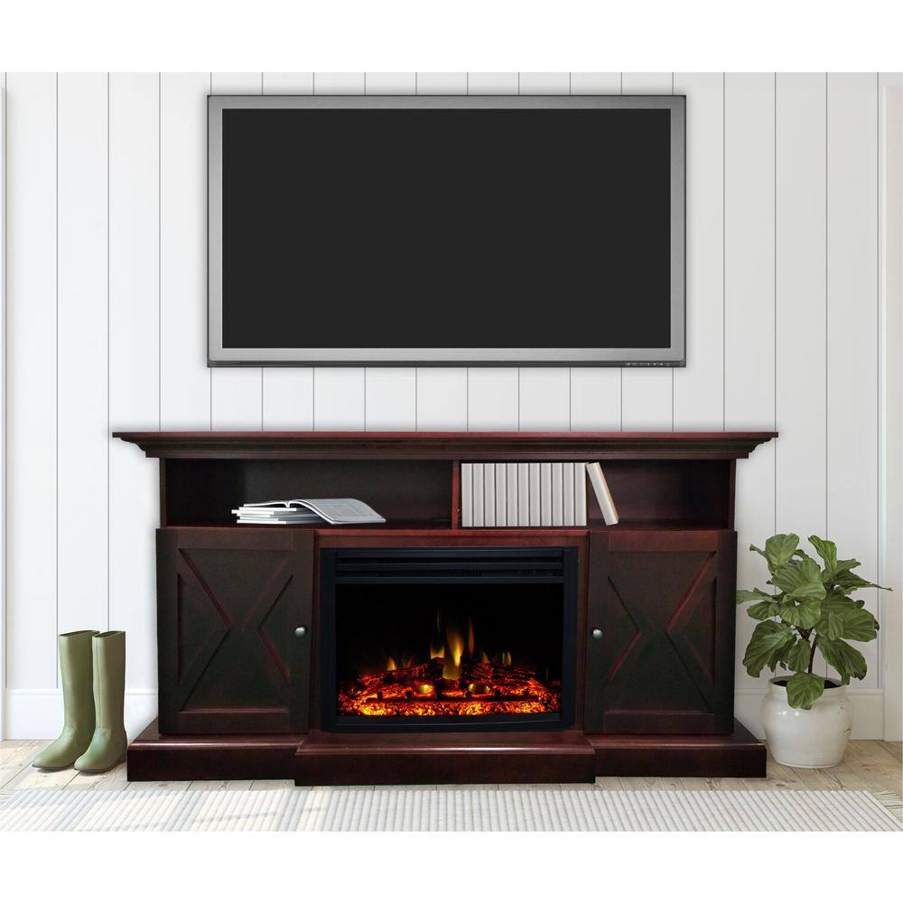 Hanover Whitby 62.2 in. Width Freestanding Electric Fireplace TV Stand in Mahogany with Deep Log Insert FS6215-1BMHL3