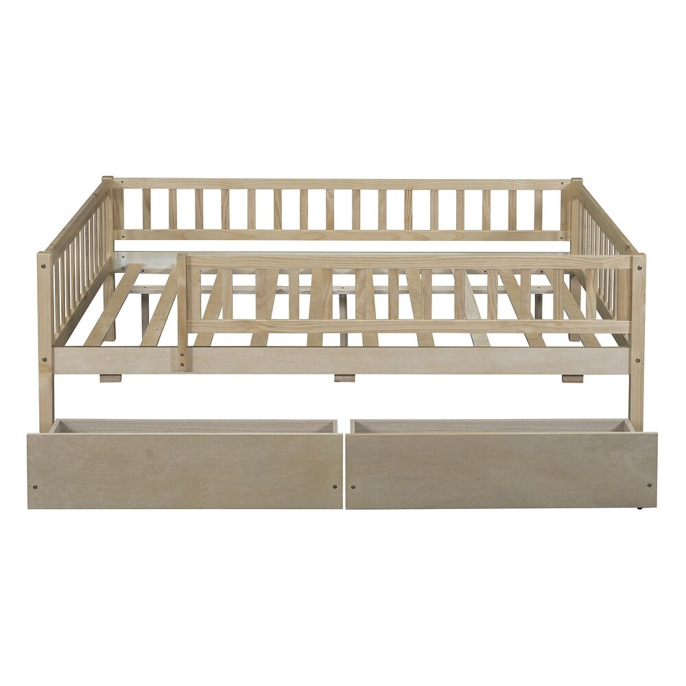 Wood Full Size Daybed with Full Length Guardrails for Kids Boys Girls Natural