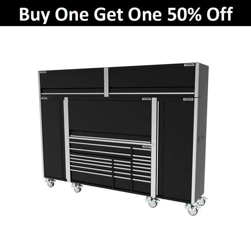 Husky 72 in. W x 24.5 in. D Professional Duty 20-Drawer Mobile Workbench Combo w 2 Side Lockers 2 Top Lockers and Top Hutch HPROSUITE5