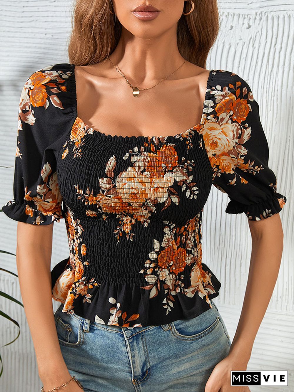 Women's Elegant Bodycon Blouses Top Summer Casual Print Square Neck Gathered Short Sleeve Floral Short Shirts Women Blouses