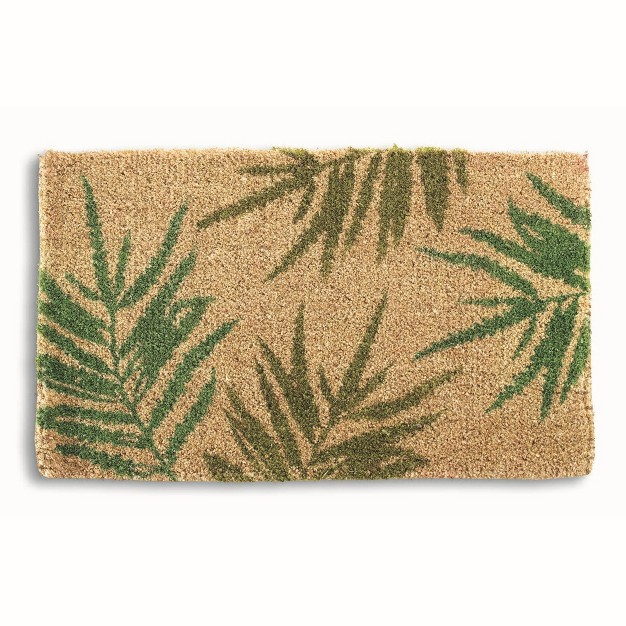 Sweet Fern Green Leaf Print Rectangle Indoor And Outdoor Coir Door Welcome Mat Green On Beige Background