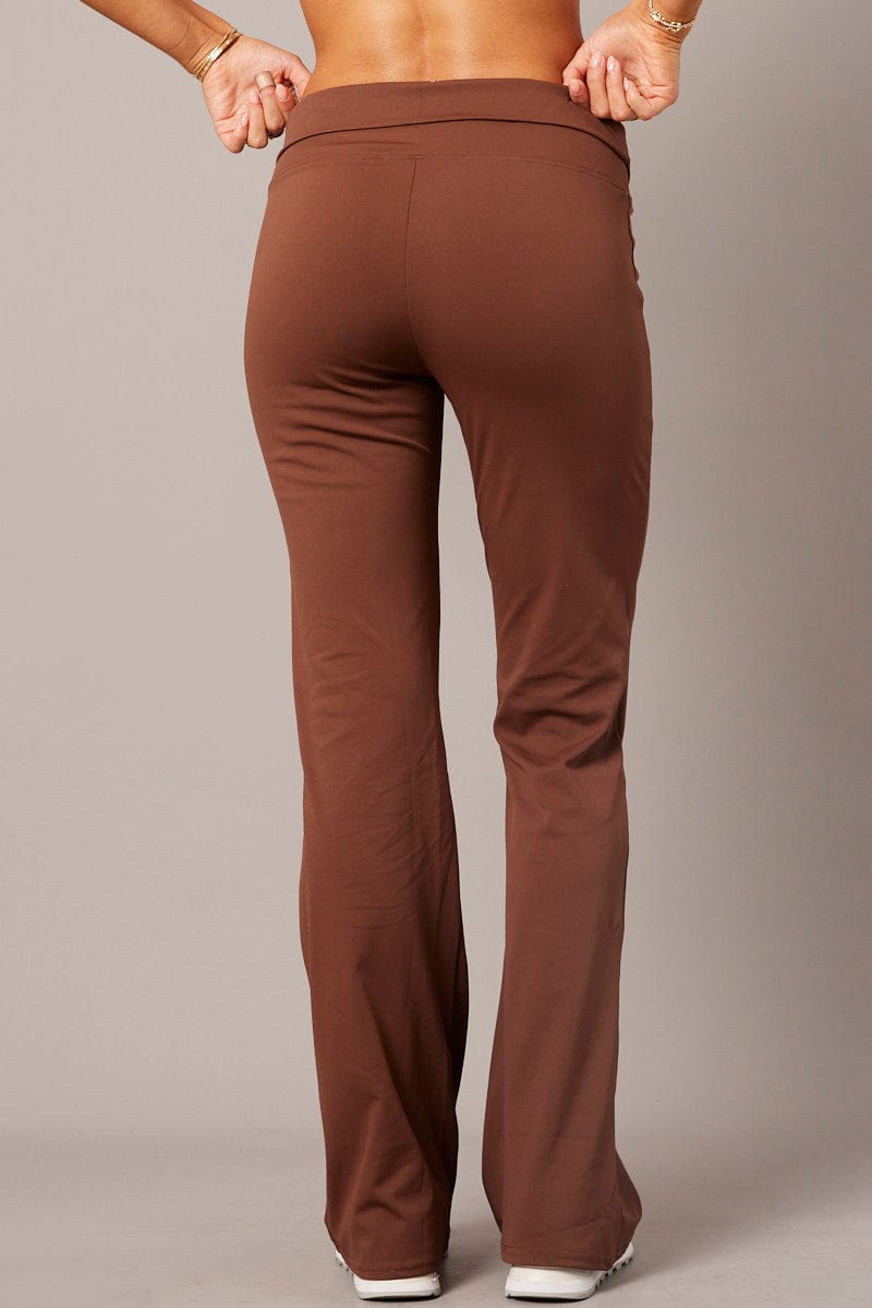 Brown Flared Pants Fold Up Waist Mid Rise