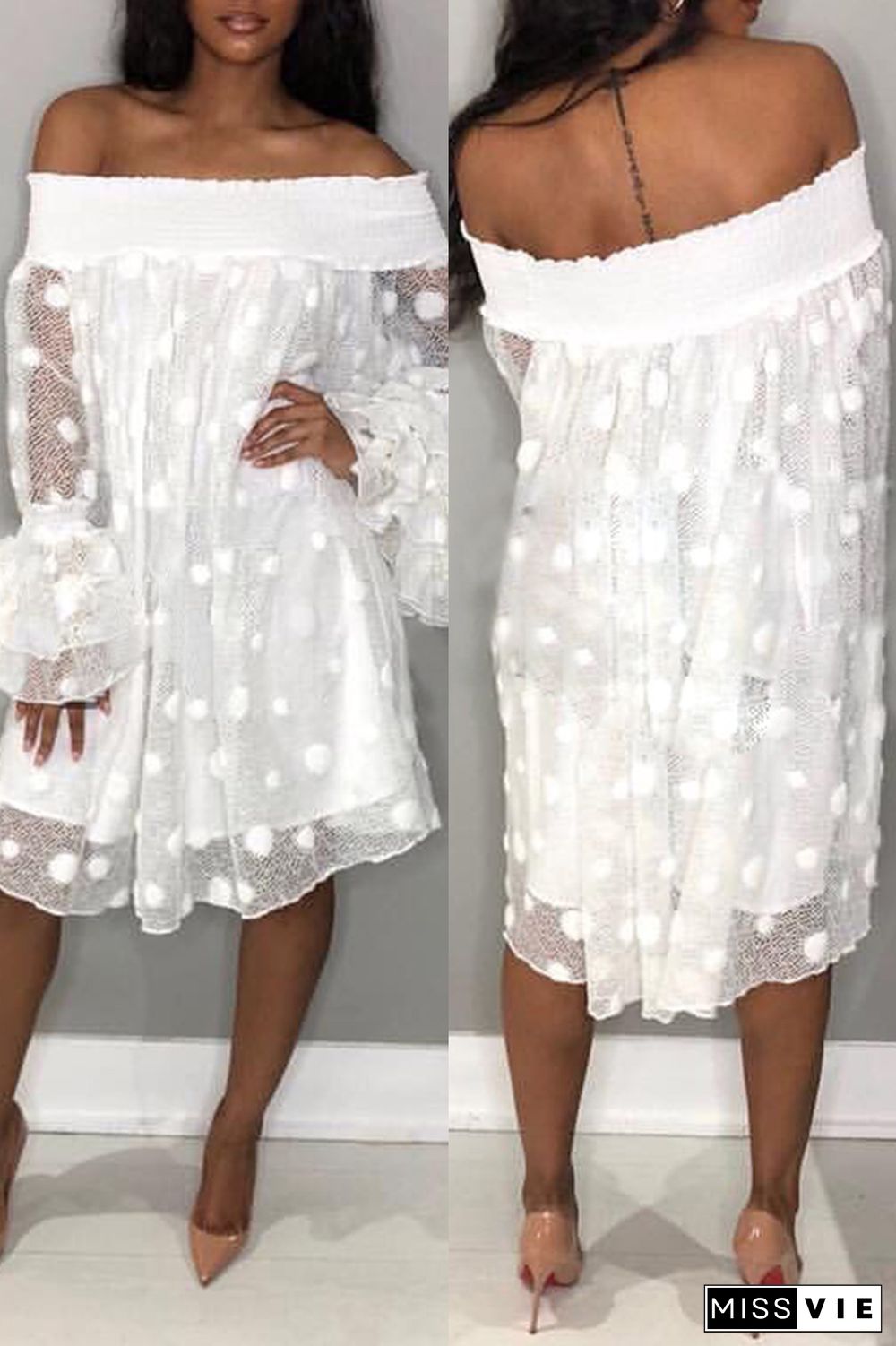 Casual Dot Patchwork Off the Shoulder Long Sleeve Dresses