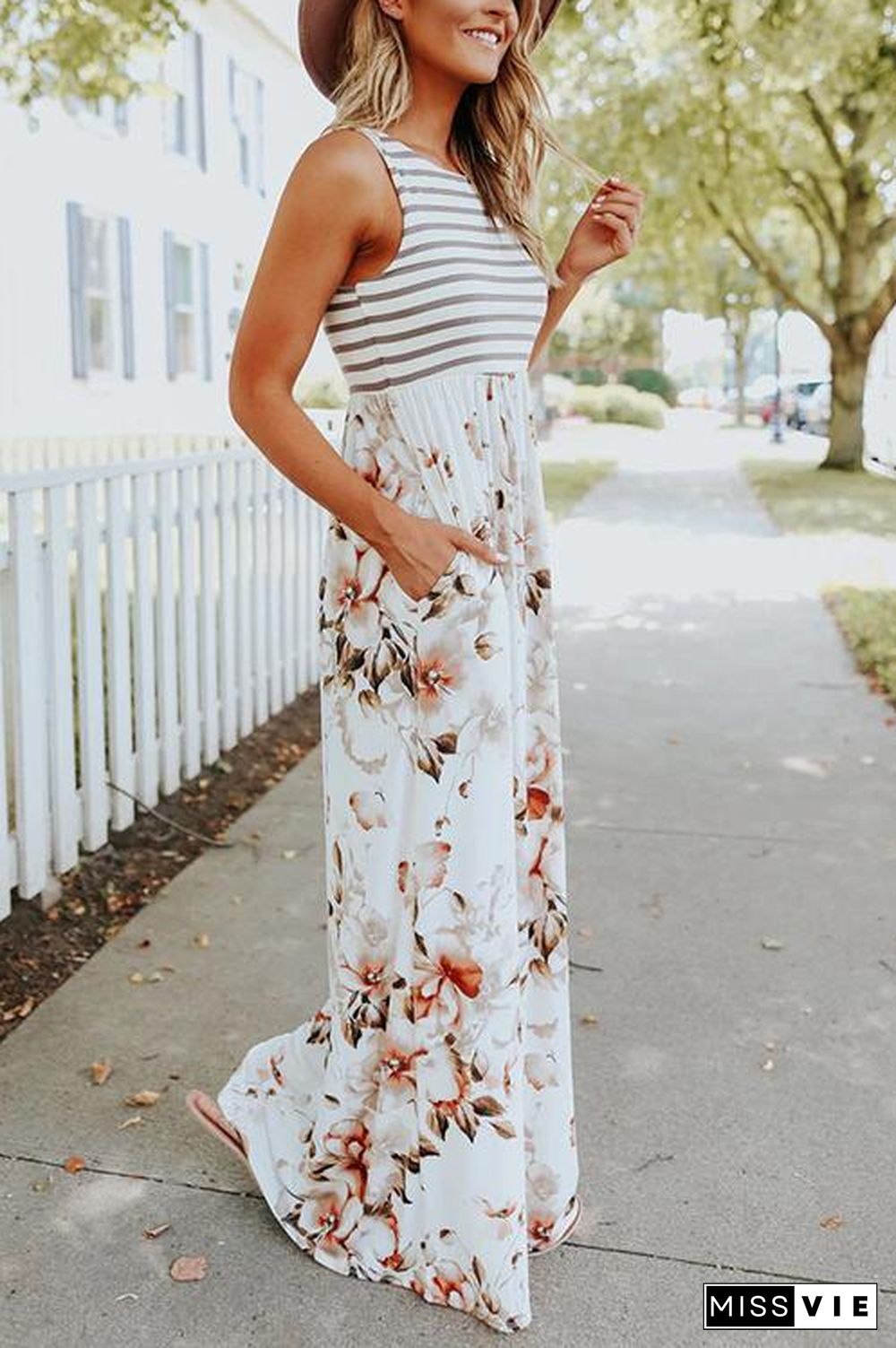 Floral Print Pocket Sleeveless Maxi Dress