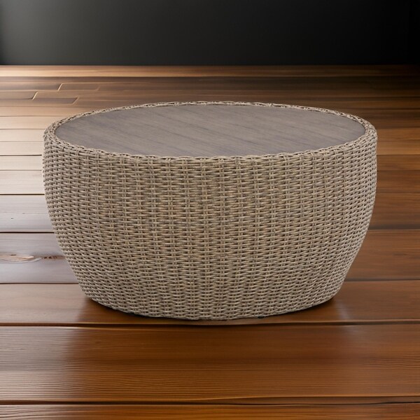 36 Inch Outdoor Coffee Table，Curved，Handwoven Resin Wicker，Beige Finish