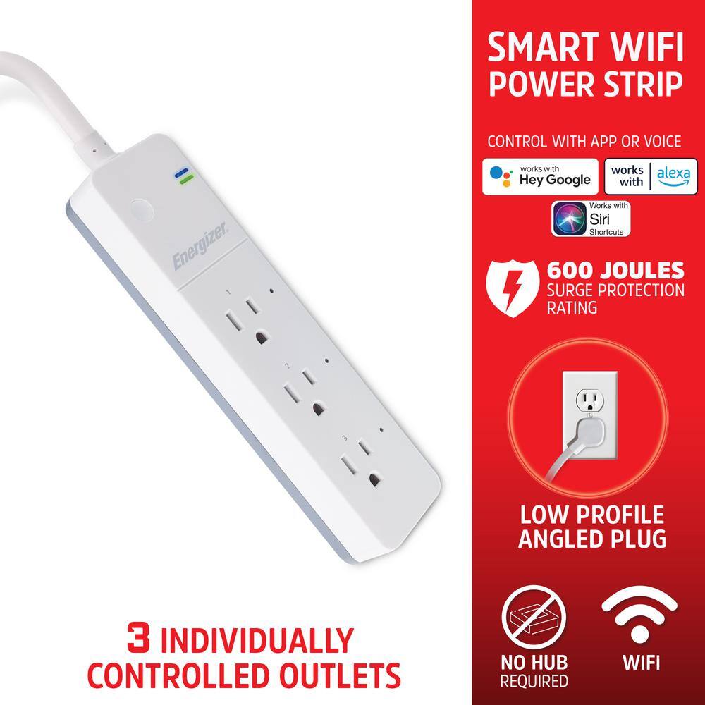 Energizer Smart Wi-Fi 3-Outlet Power Strip Surge Protector 600 Joules Works With AlexaSiriGoogle EIS3-1003-WHT