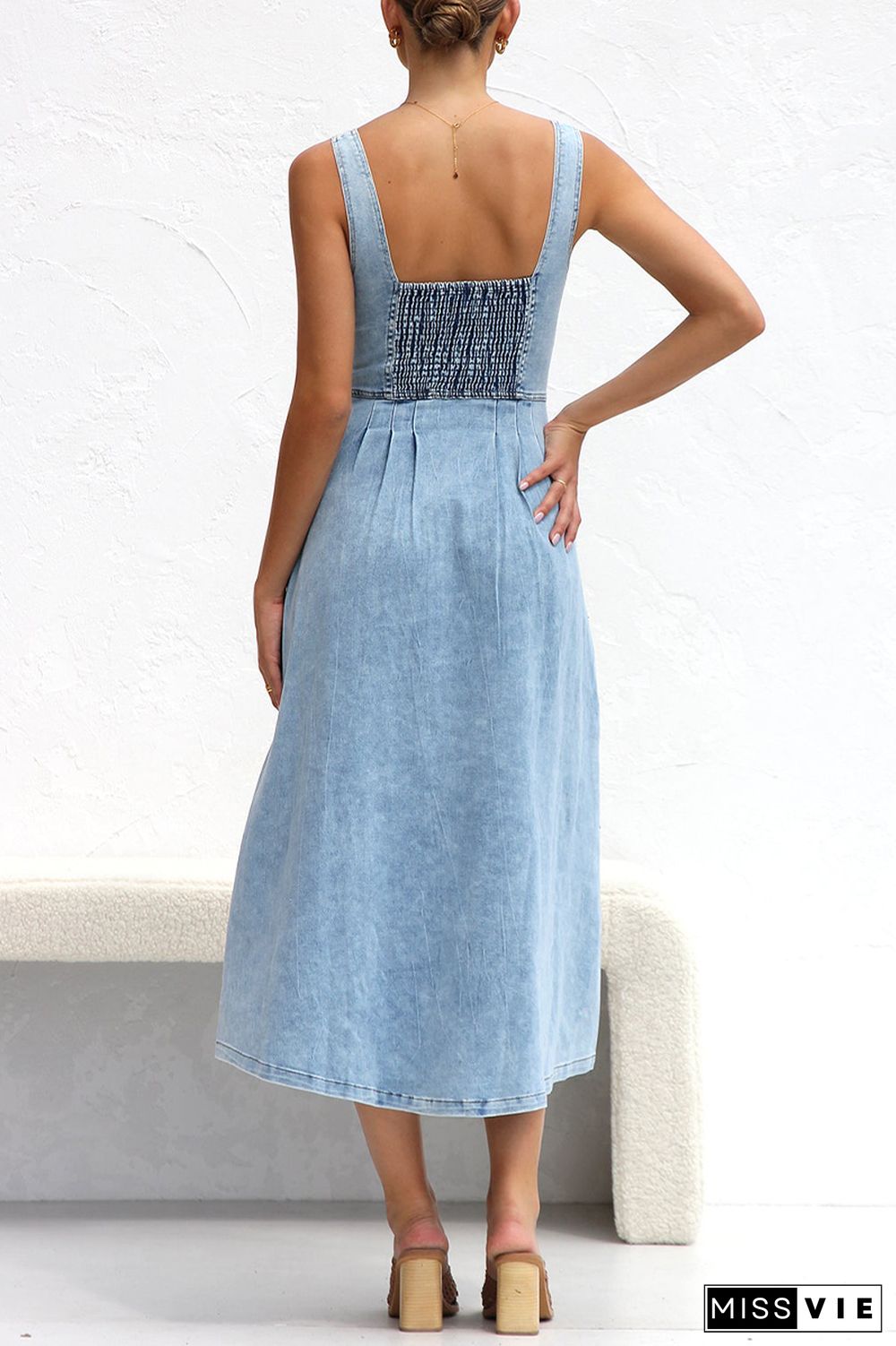 Elegant Solid Make Old Pocket Buckle V Neck Sleeveless Loose Denim Dresses