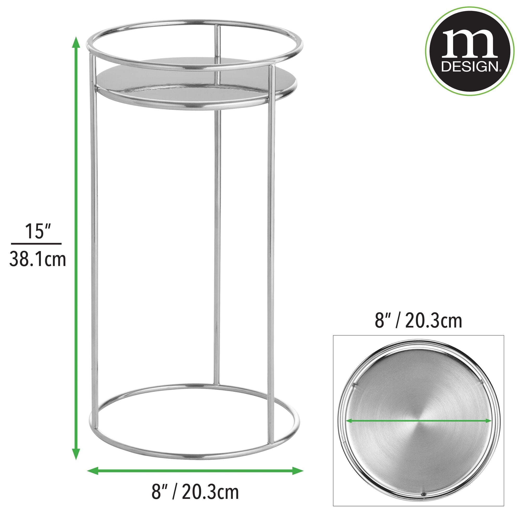 mDesign Metal 15-Inch Tall Circular Plant Stand, Planter Holder Contemporary Design Round Tray for Table, Garden; Holds Indoor/Outdoor Plants, Flower Pot - Concerto Collection - 2 Pack - Chrome