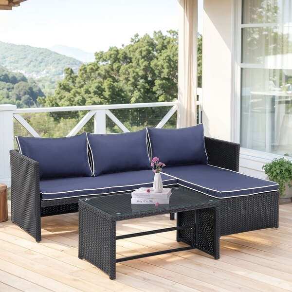 3 Pieces Patio Conversation Set，All Weather Outdoor PE Rattan Wicker Furniture Set with Cushions，Tempered Glass Coffee Table