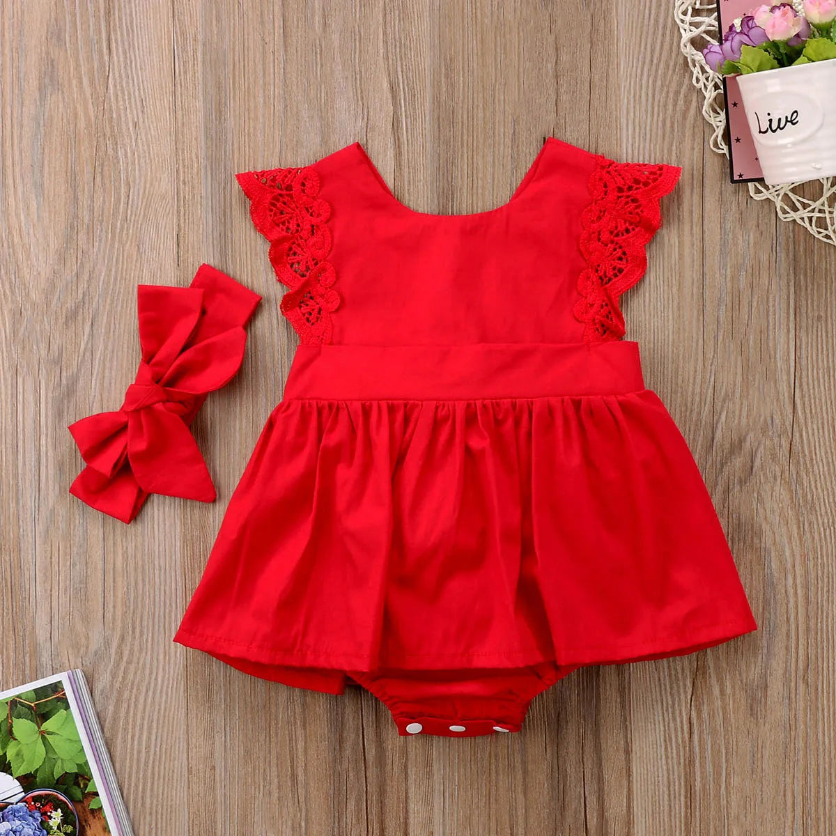 New Arrival 2pcs Red Flower Baby Clothing Newborn Baby Girls Lace Backless Romper Dress Jumpsuit Outfits Clothes 0-24M